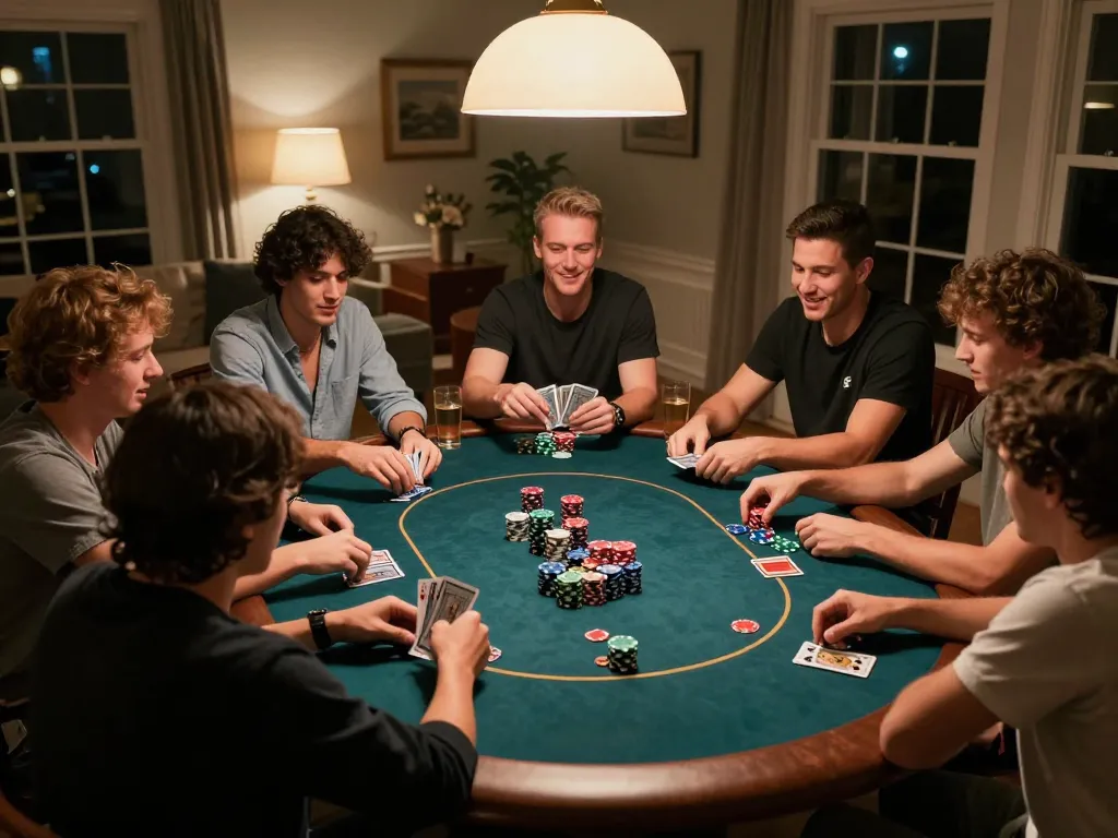 Friends enjoying a lively poker night with strategies at luck8's home games.