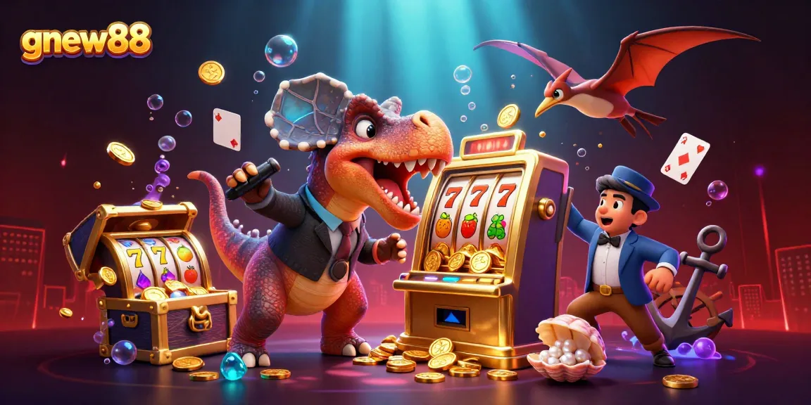 gnew88 celebrates a jackpot with a pachycephalosaurus and golden coins raining as the casino buzzes with excitement.