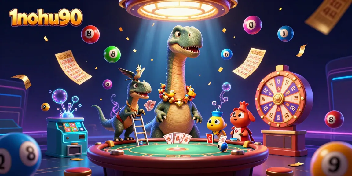 Win big at 1nohu90 with this vibrant casino scene featuring dynamic lottery action and engaging characters.