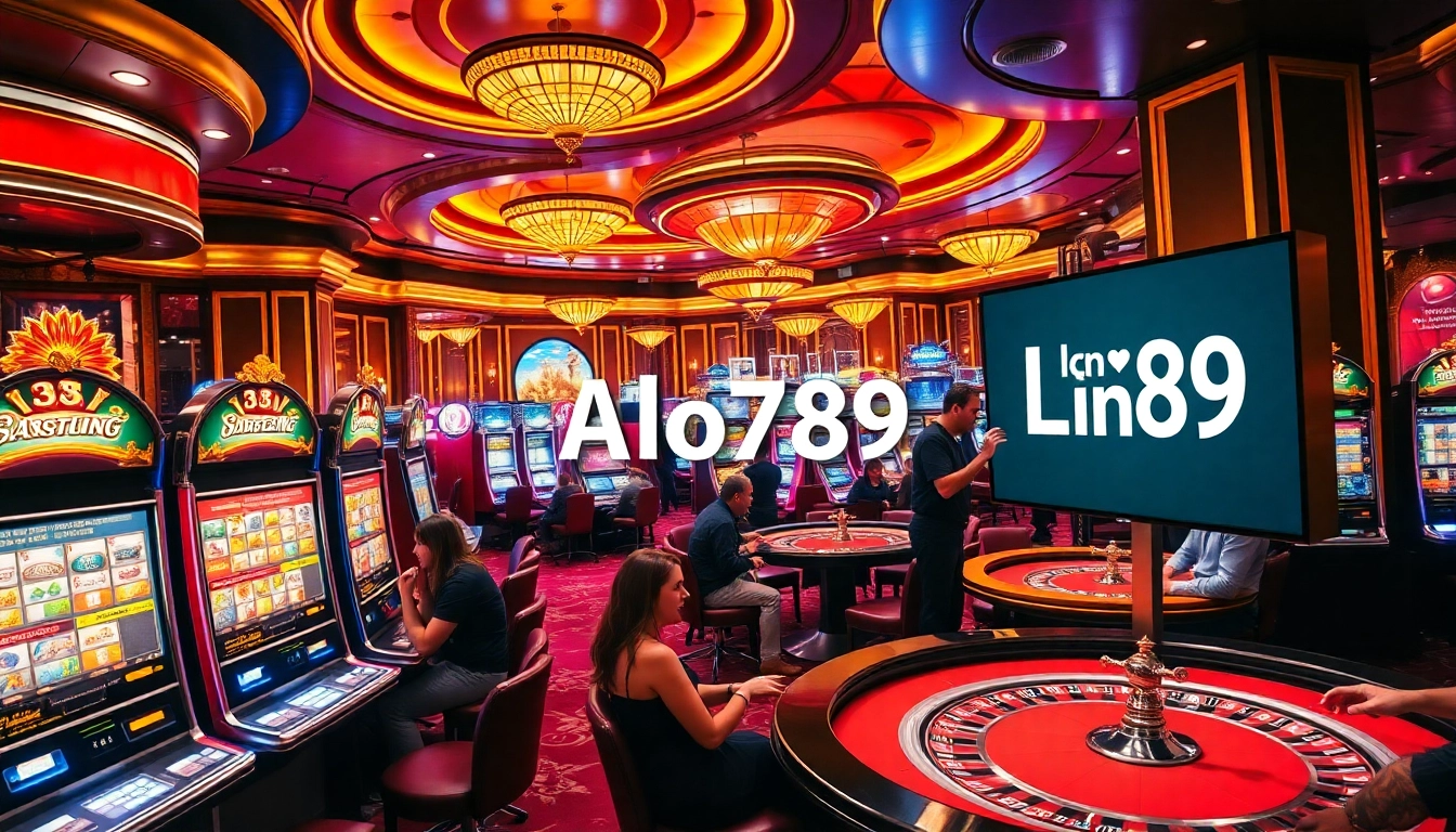 A vibrant casino scene illustrating the Alo789 Link, featuring excited players at slot machines and roulette tables.