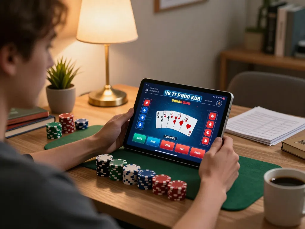123Win player strategizing during an online poker game in a cozy home office setting.