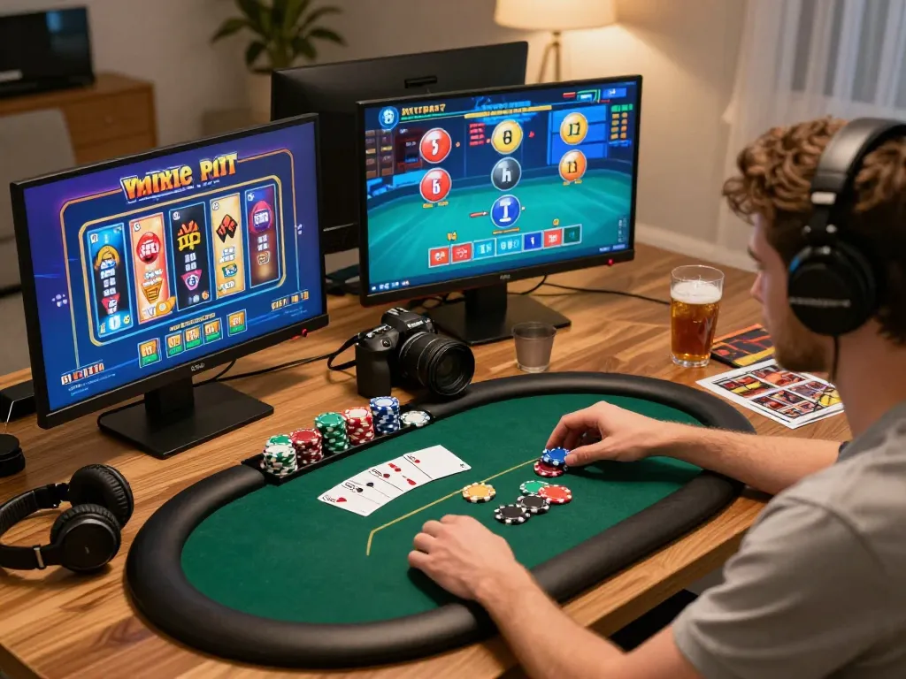 Experience rokok88 online casino gaming with immersive home setup featuring colorful screens and focused player.
