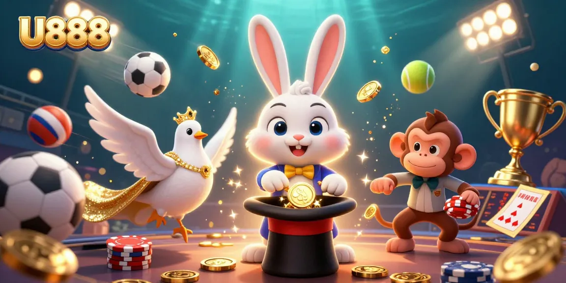 U888 offers an exciting scene with a magician rabbit, dove assistant, and monkey around vibrant sports and casino elements.