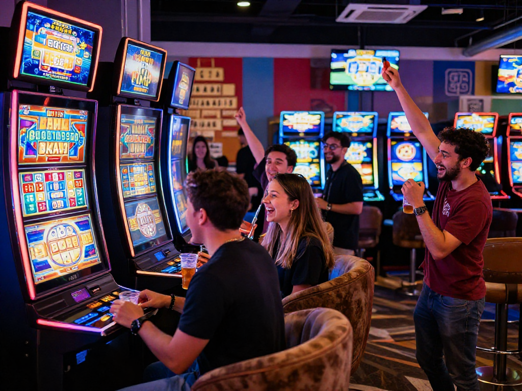 Friends enjoying a BIKINISLOT gaming experience in a vibrant casino lounge.