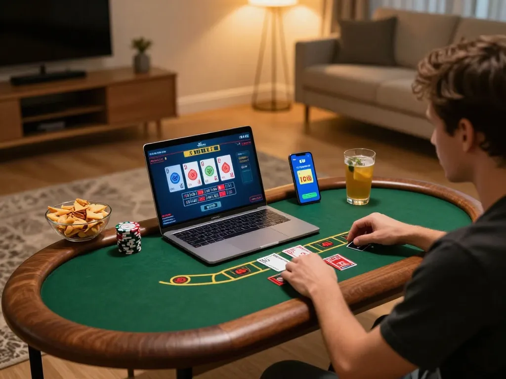 Player enjoying online casino gaming on 13Win while sipping a drink in a cozy home environment