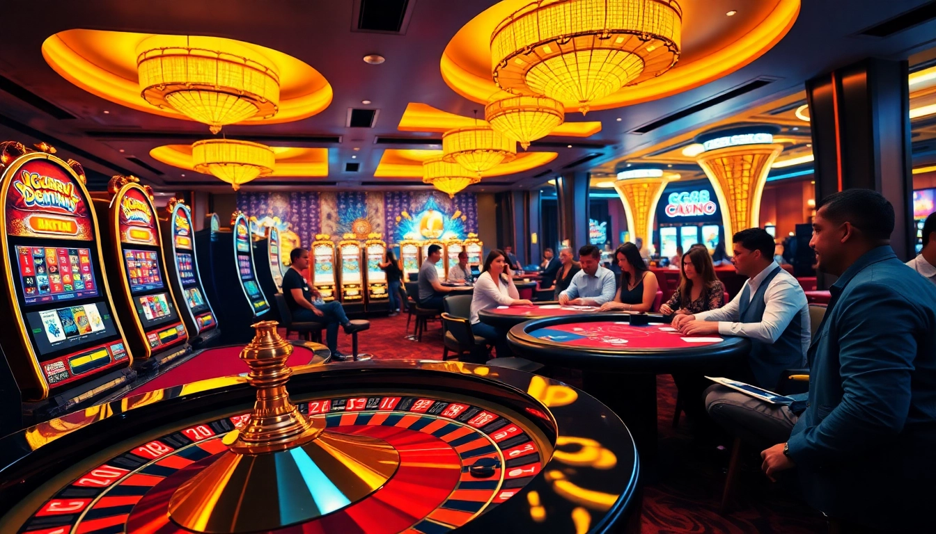 Players enjoying the vibrant GG88 casino atmosphere with poker, roulette, and colorful slot machines.
