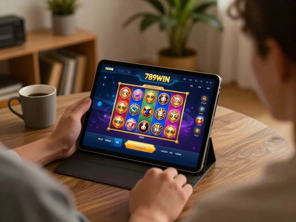Engaging with 789WIN online slots on a cozy home setup, showcasing responsible gaming.