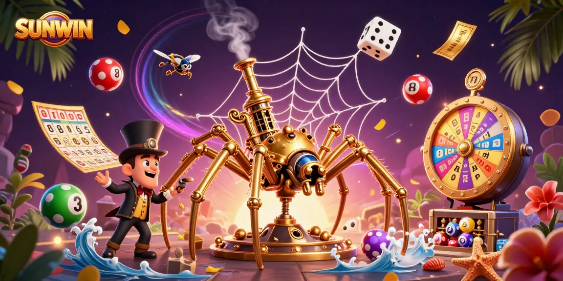SUNWIN presents a magical casino scene with vibrant lottery elements and a whimsical spider catching unlucky dice.