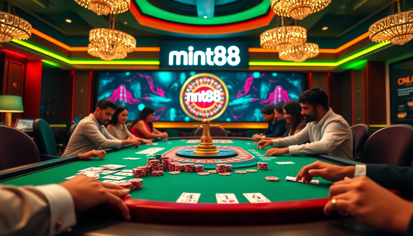 Experience thrilling gaming action at mint88's elegant casino table featuring cards and chips.