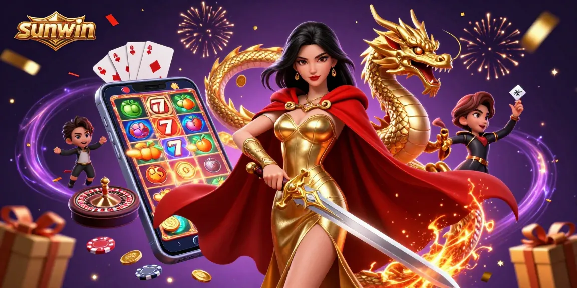 Win big with sunwin in this vibrant online casino illustration showcasing games and excitement.