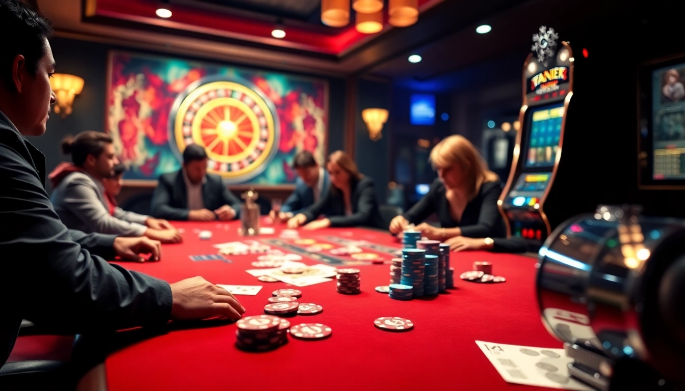 Players at a high-stakes poker table, experiencing the thrill of bets at https://kjc.us.com/ with vibrant chips and cards.