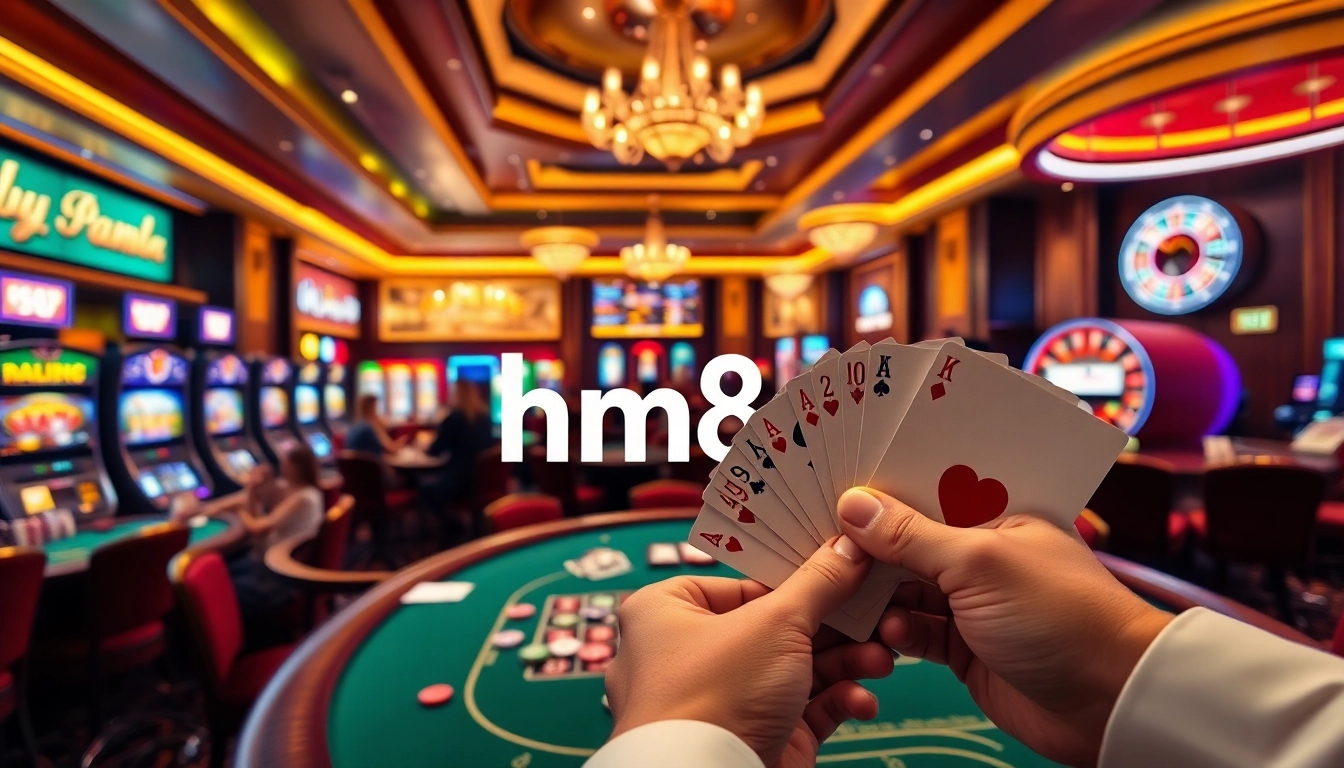 Players enjoying a thrilling game at a casino table with the keyword hm88 highlighted in the luxurious ambiance.