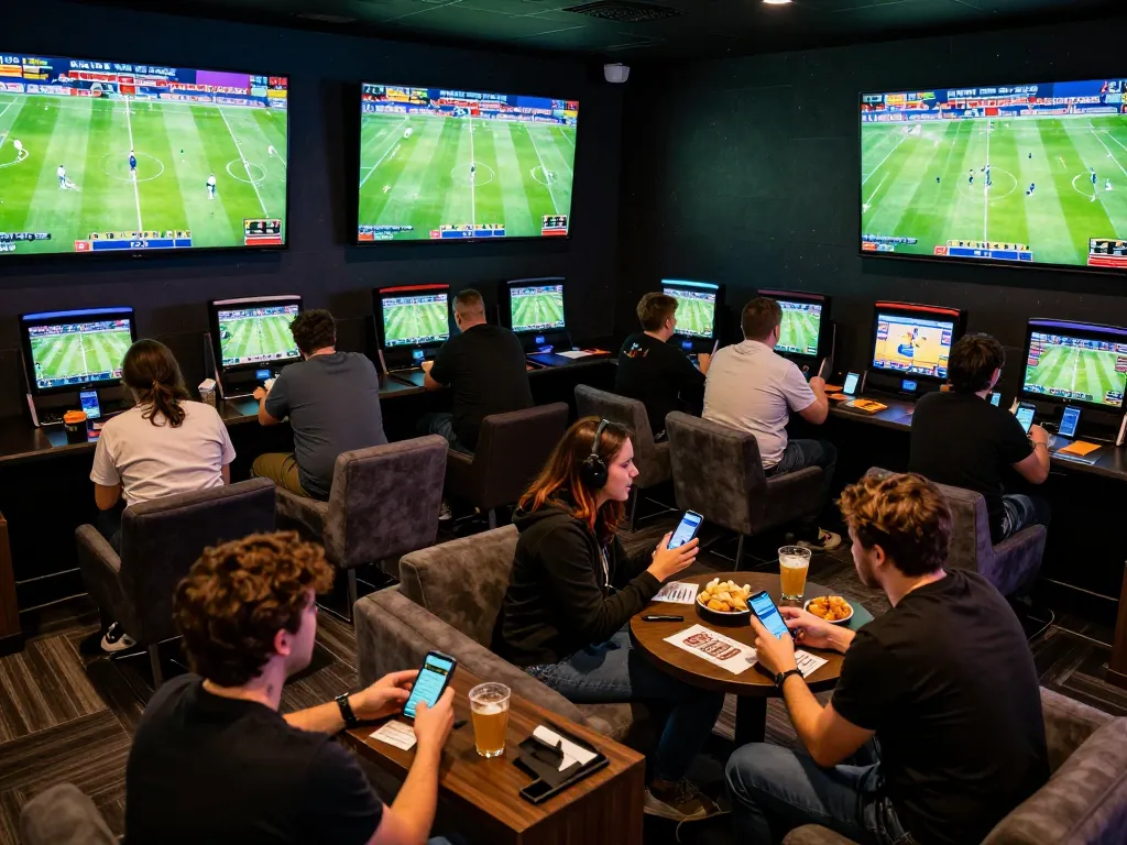 ผลบอลวันนี้ showcased in a lively sports betting lounge with fans placing bets and watching games