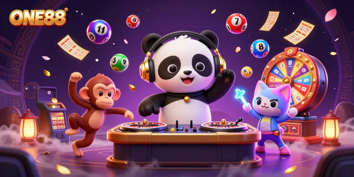 Engage with immersive fun at ONE88 casino, featuring a vibrant cartoon DJ panda and lively characters.