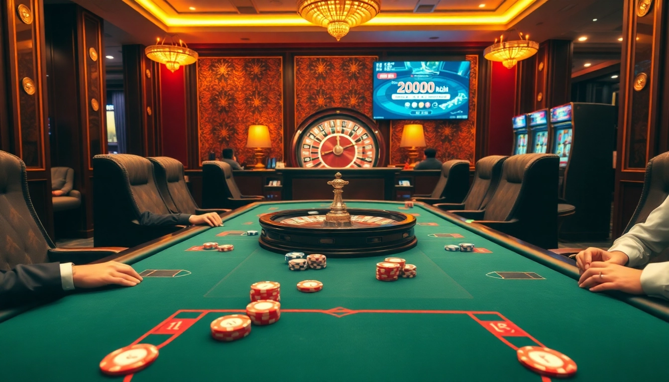 Experience the thrill of Game Bài Đổi Thưởng with exciting casino scenes featuring poker and roulette action.