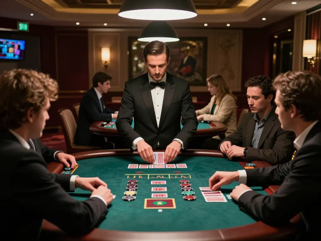 Players engaged in intense blackjack gameplay at XO88's elegant casino table.