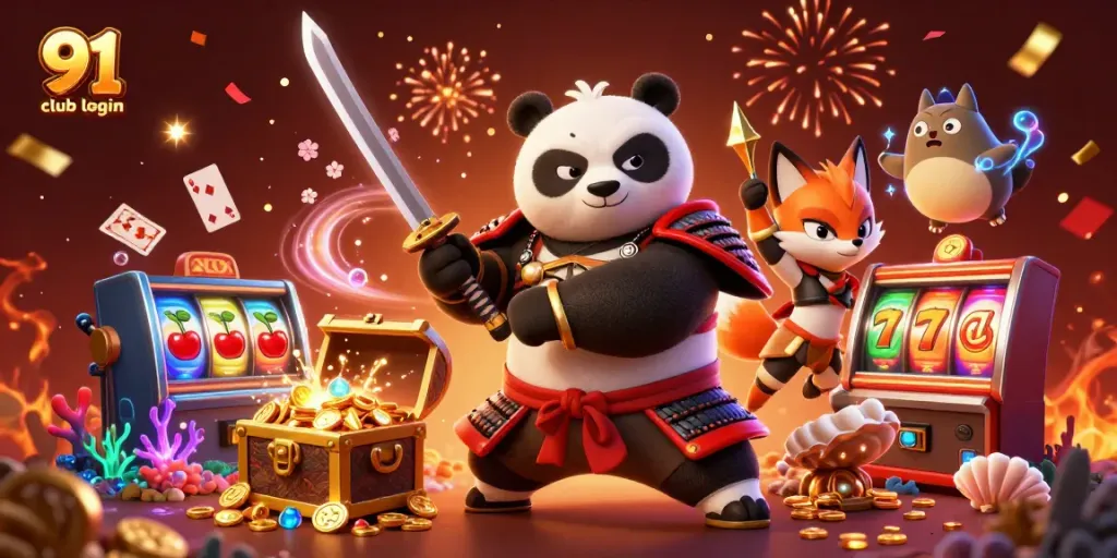 Experience the excitement of 91 club login with a dynamic scene featuring a samurai panda, ninja fox, and energetic game elements.