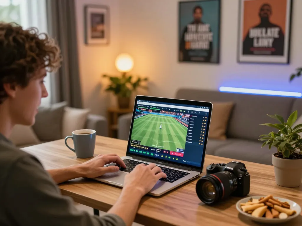 78win user placing sports bets on a laptop in a cozy home office setup with live match display.