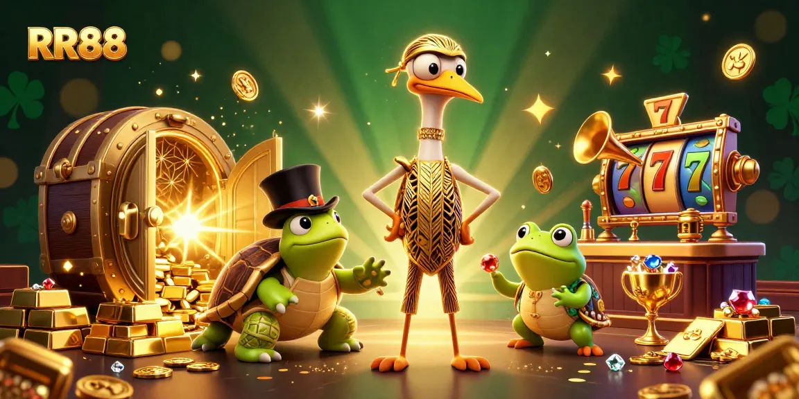 Win big at RR88 with a lively 3D casino scene featuring vibrant slots and charming characters.