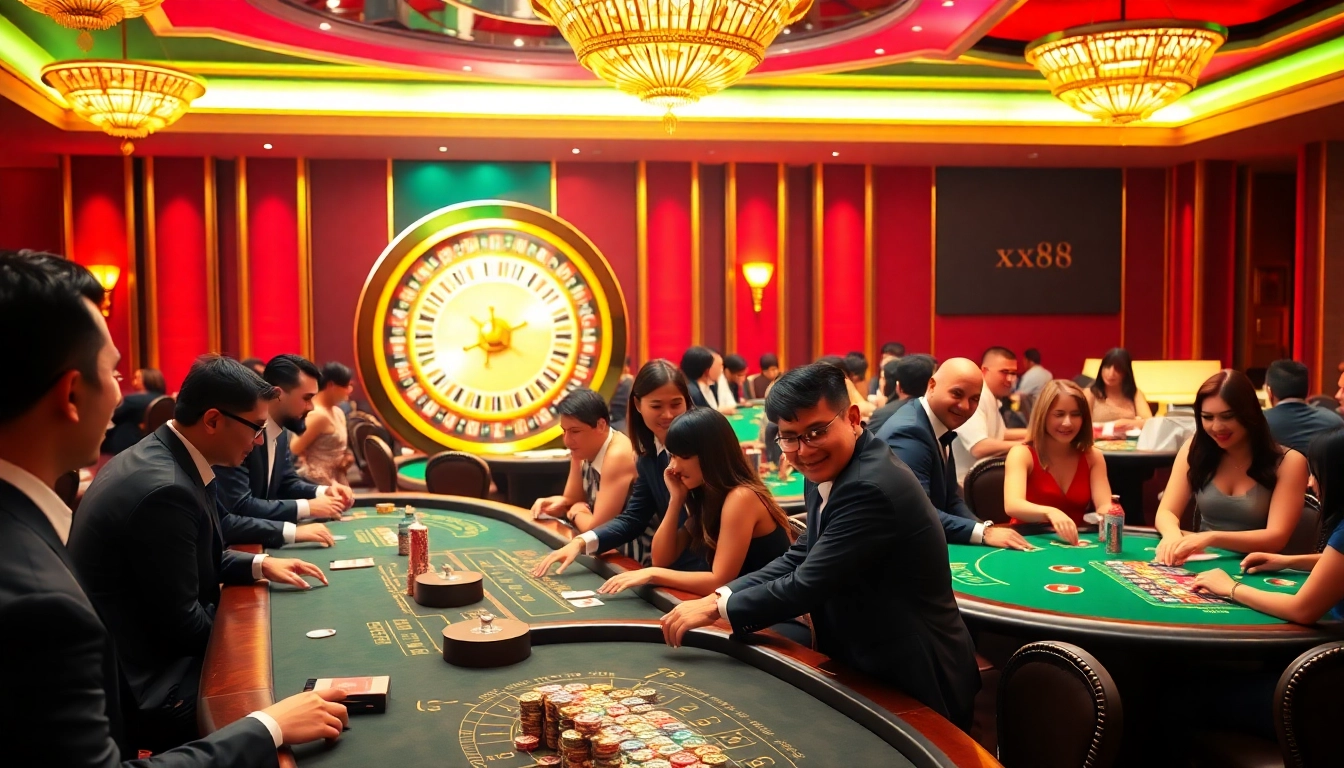 Excited players engaging at xx88 casino tables with vibrant atmosphere and elegant roulette wheel.