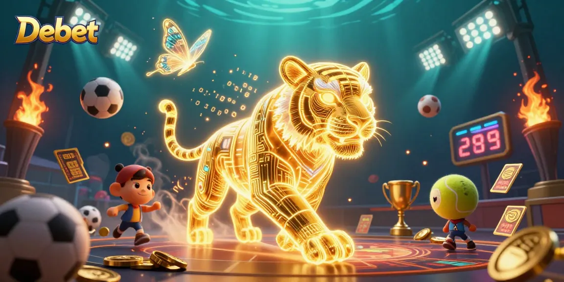Experience thrilling gameplay at Debet with a 3D neon tiger amidst sports betting excitement.