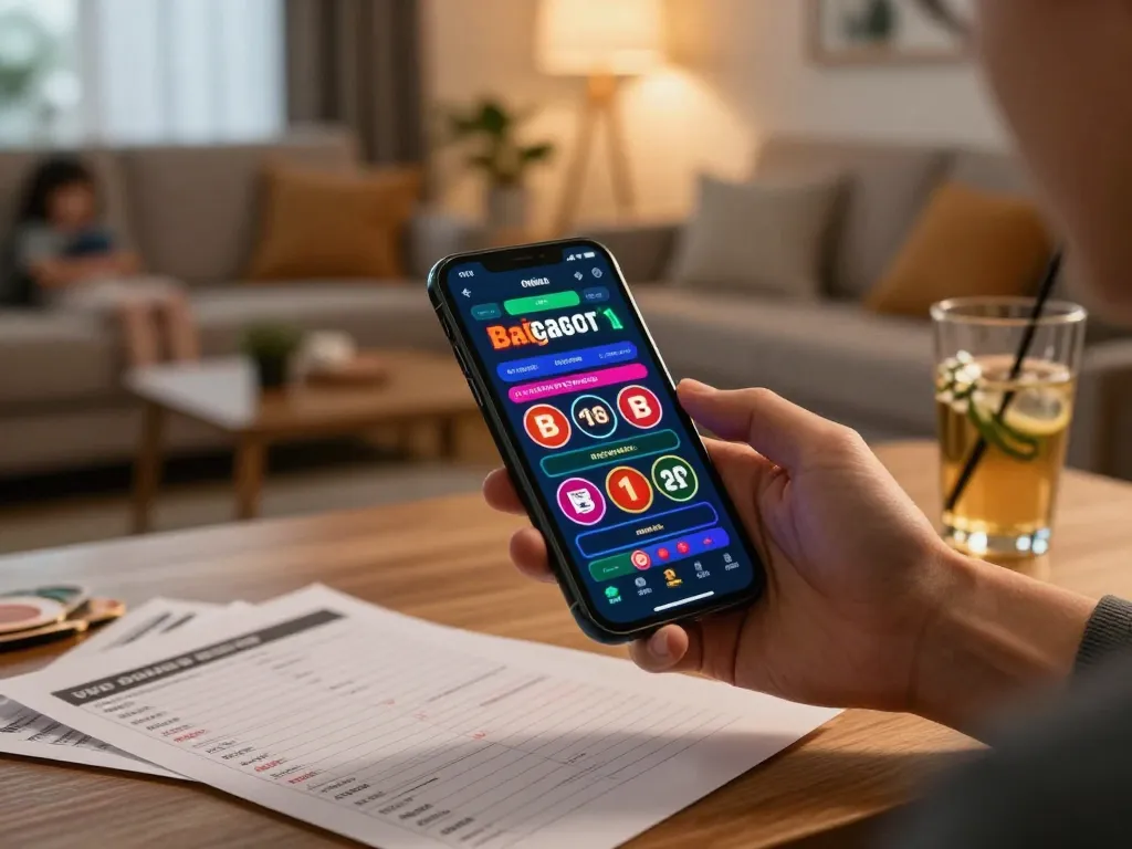 Engaging in mobile gaming at https://go8.agency/ with a smartphone showcasing online betting options in a cozy setting.