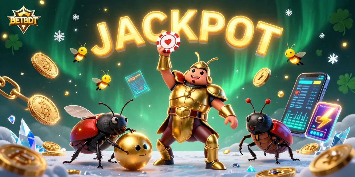 Engage with BETBDT's thrilling gaming experience featuring victorious characters, crypto coins, and jackpot excitement in a vibrant 3D scene.