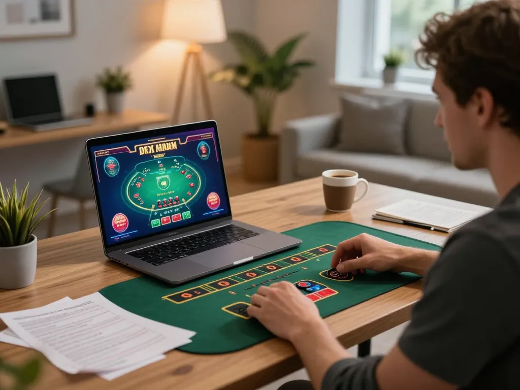 fa88 player strategizing during a live dealer blackjack game at home, showcasing focused gaming atmosphere
