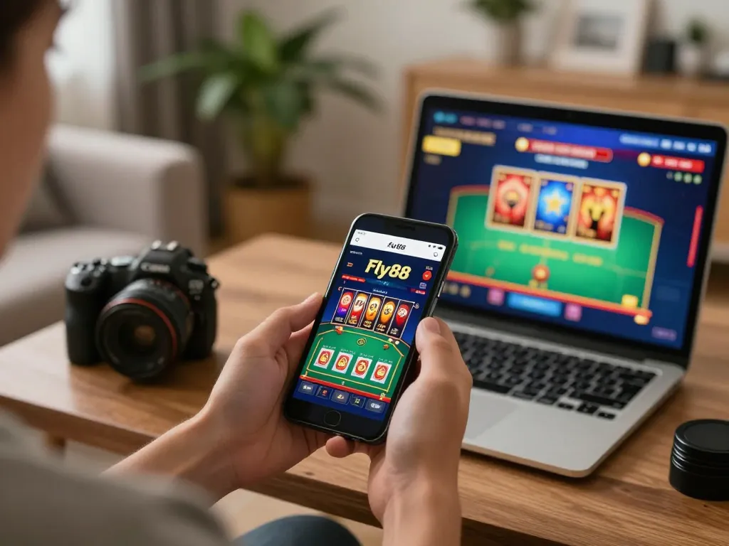 Player engaging with Fly88 app on smartphone, enjoying an immersive online casino experience at home.