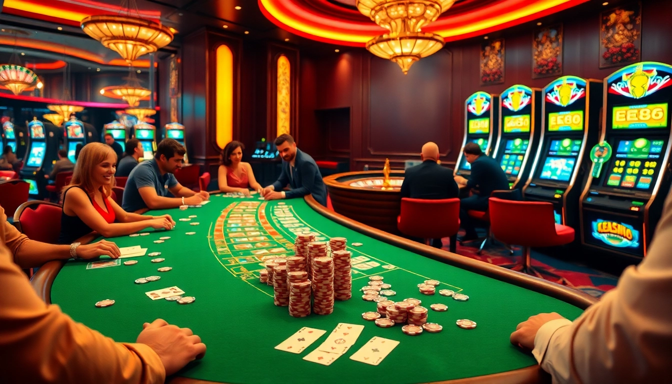 Experience the thrill of EE88 gambling with vibrant casino tables, chips, and cards.