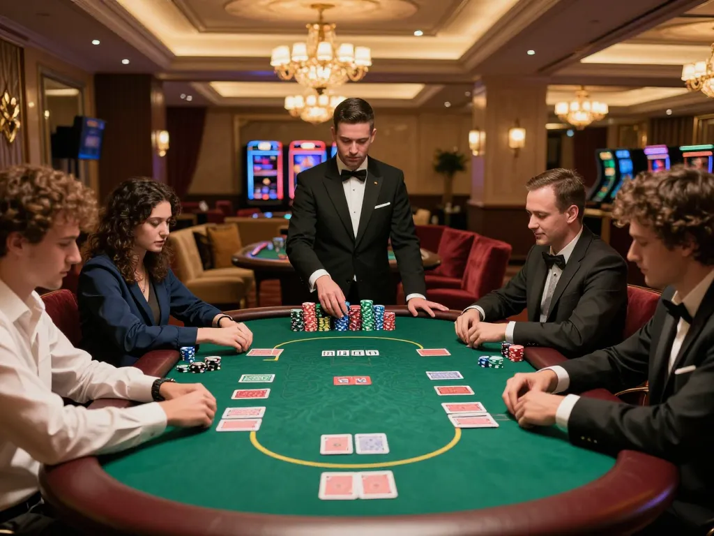 Engaged players strategizing at poker table in premium casino environment, 99ok gaming excitement visible.