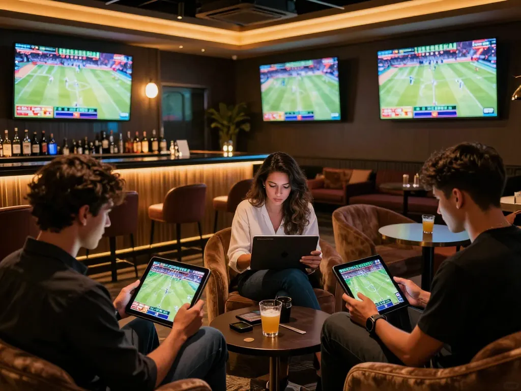 Engaged bettors strategizing together in an upscale mb66 sports betting lounge atmosphere.