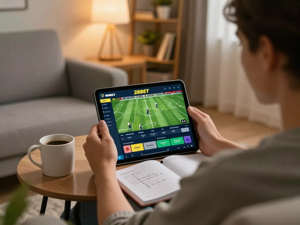Engaging with the 28Bet app for sports betting in a cozy home setting, showcasing responsible gaming.