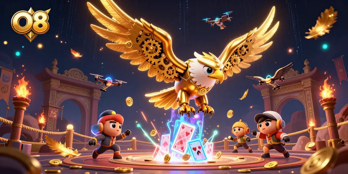 Engage in thrilling experiences at O8's vibrant casino featuring a cybernetic eagle amidst holographic cards.