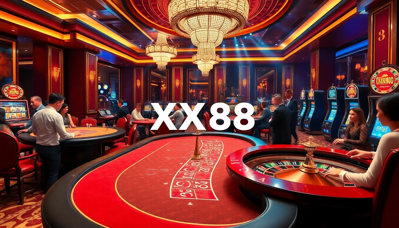 Gamblers at a lively casino featuring XX88 poker tables and vibrant slot machines.