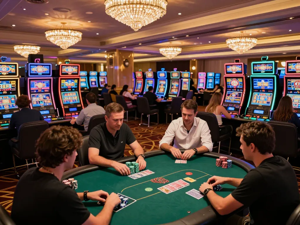 Players engage in exciting slot games at BET88 casino, showcasing vibrant machines and luxury atmosphere