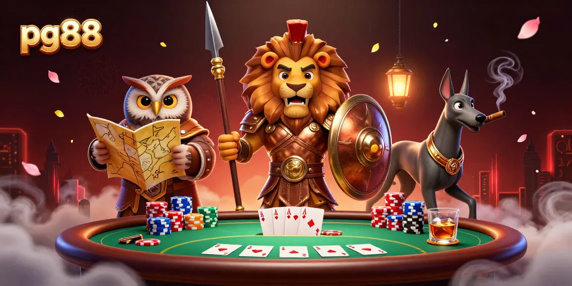 Experience thrilling gameplay at pg88 with a Spartan lion, tactical owl, and greyhound in a rich casino scene.