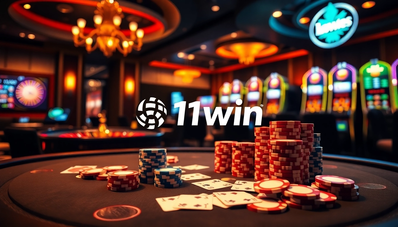 Exciting casino atmosphere showcasing 11win with poker chips and a roulette wheel.