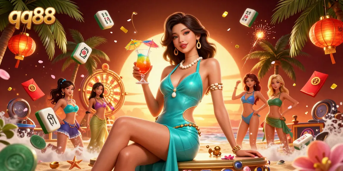 Experience the excitement of qq88 with vibrant casino elements and a stunning sunset scene.