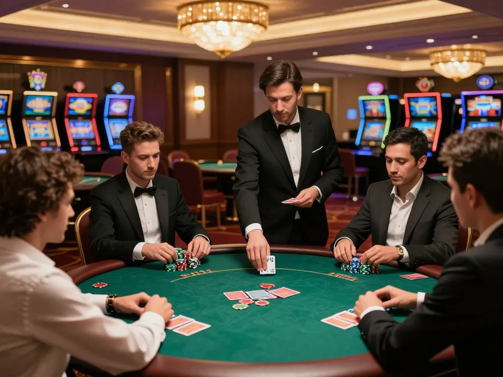 SV66 players engaging in a high-stakes poker game in an upscale casino environment.