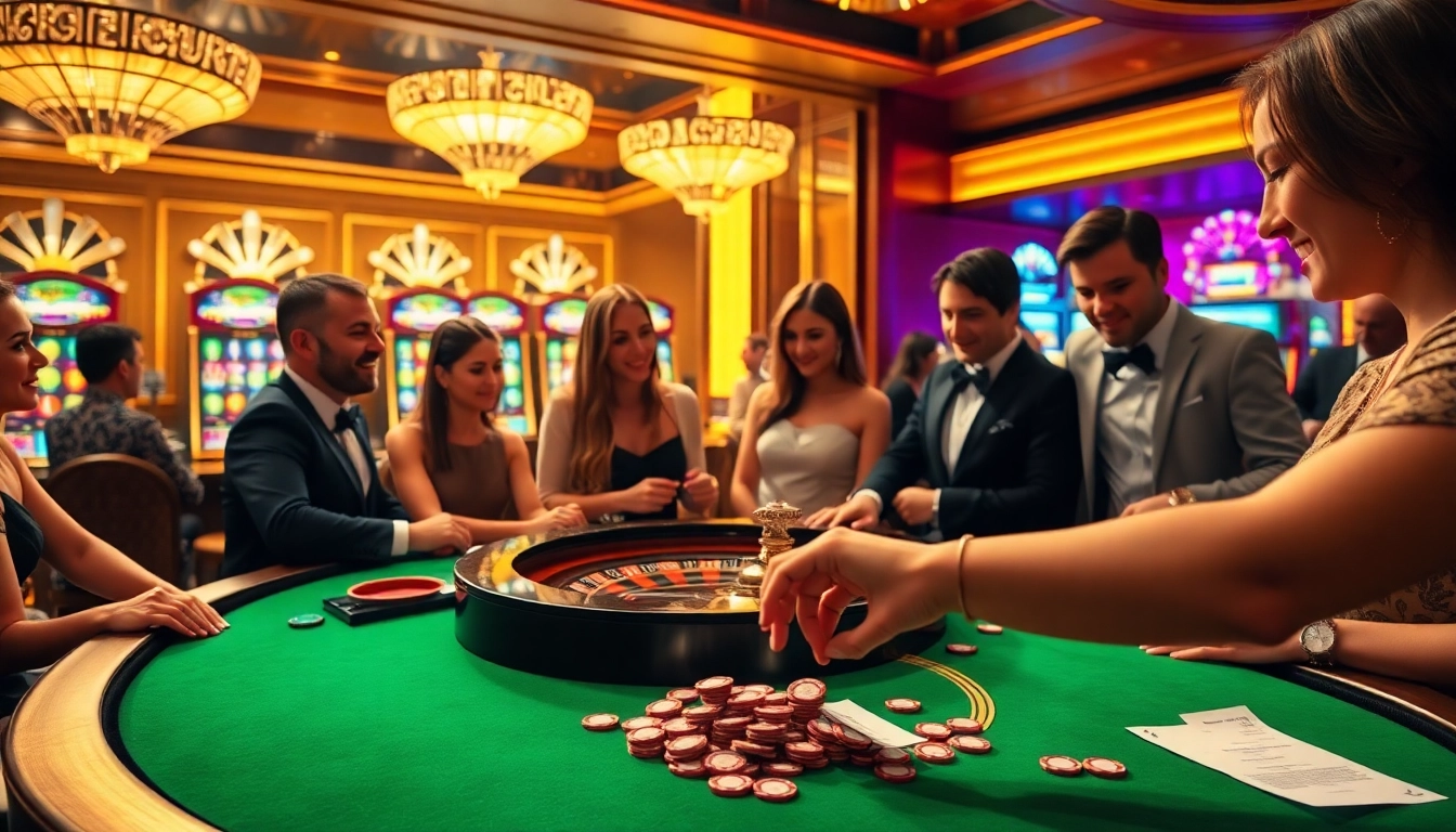 Experience the excitement of gambling at Okwin with players engaging at a vibrant roulette table.