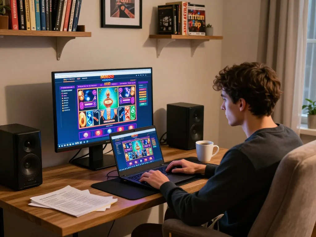 Person engaging with MM88 online casino on laptop at home with gaming notes.