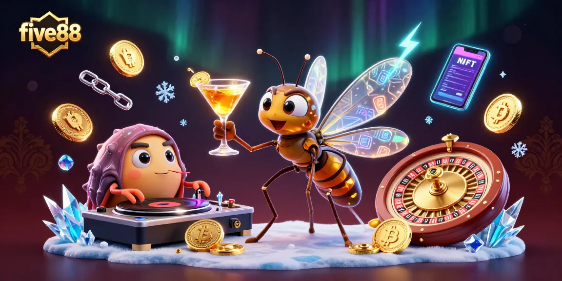 Join the excitement at five88 with a vibrant casino scene featuring animated characters and crypto elements.