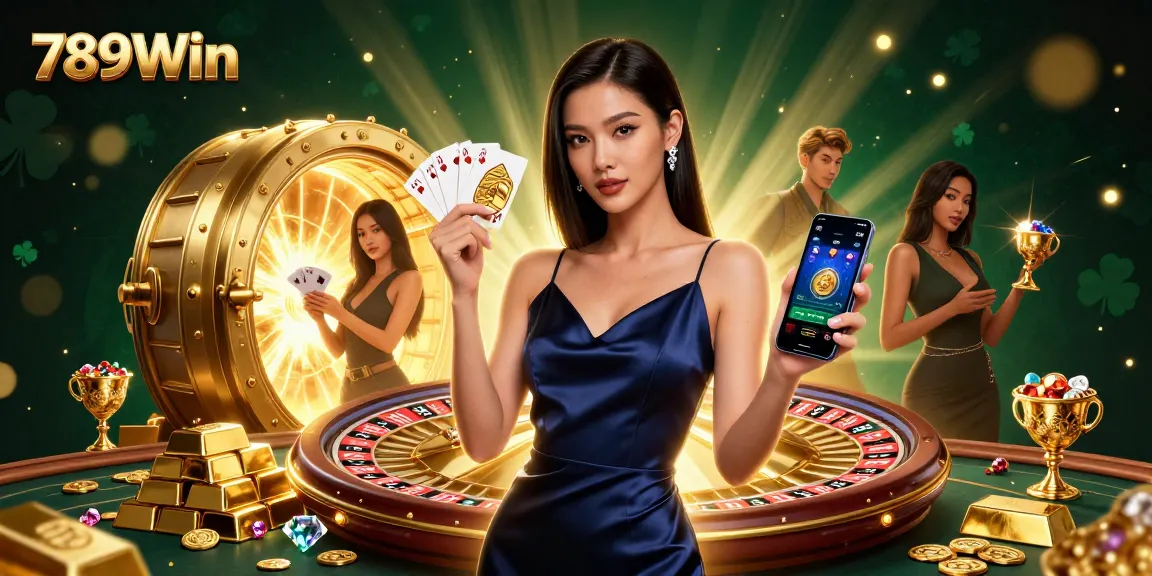 Experience 789Win's casino excitement with a stunning Asian woman holding a golden chip and smartphone.