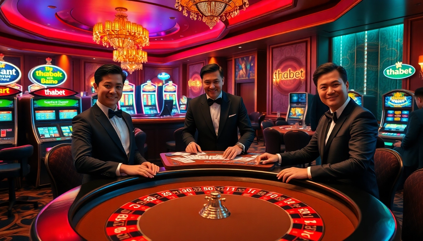 A thrilling poker scene at thabet casino with elegant players and vibrant slot machines.