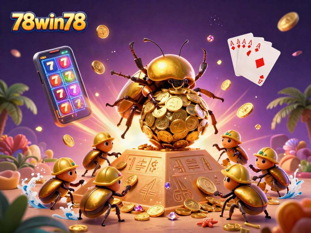 Experience the thrill of 78win78 with golden beetles rolling coin jackpots in a vibrant casino scene