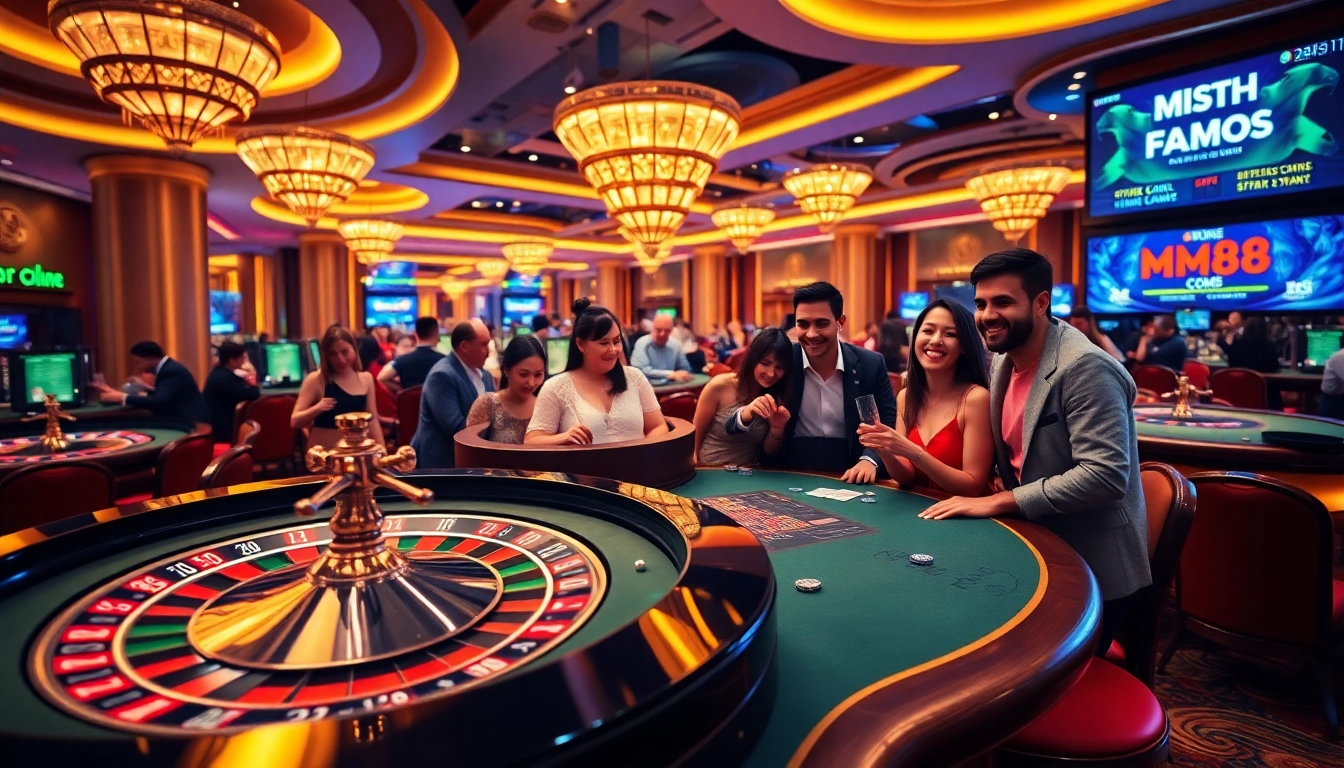 A vibrant casino scene featuring players at a blackjack table with mm88 com promotions visible, exemplifying high-stakes excitement.