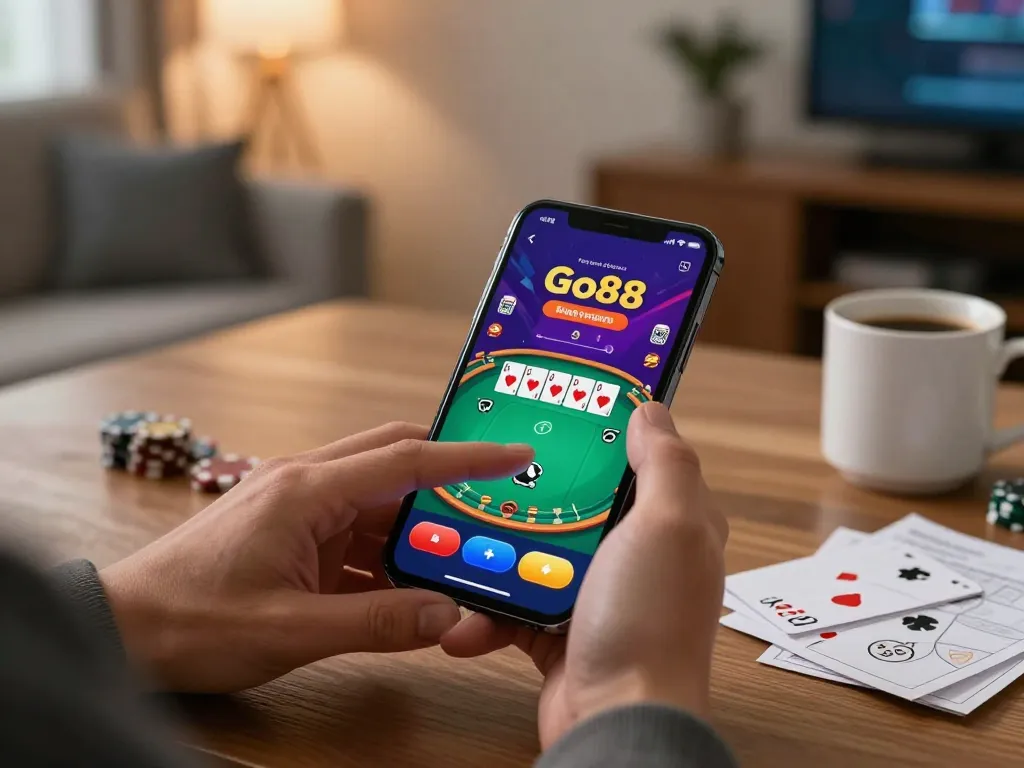 Engaging with the Go88 app for an exciting online poker game in a cozy home setting.