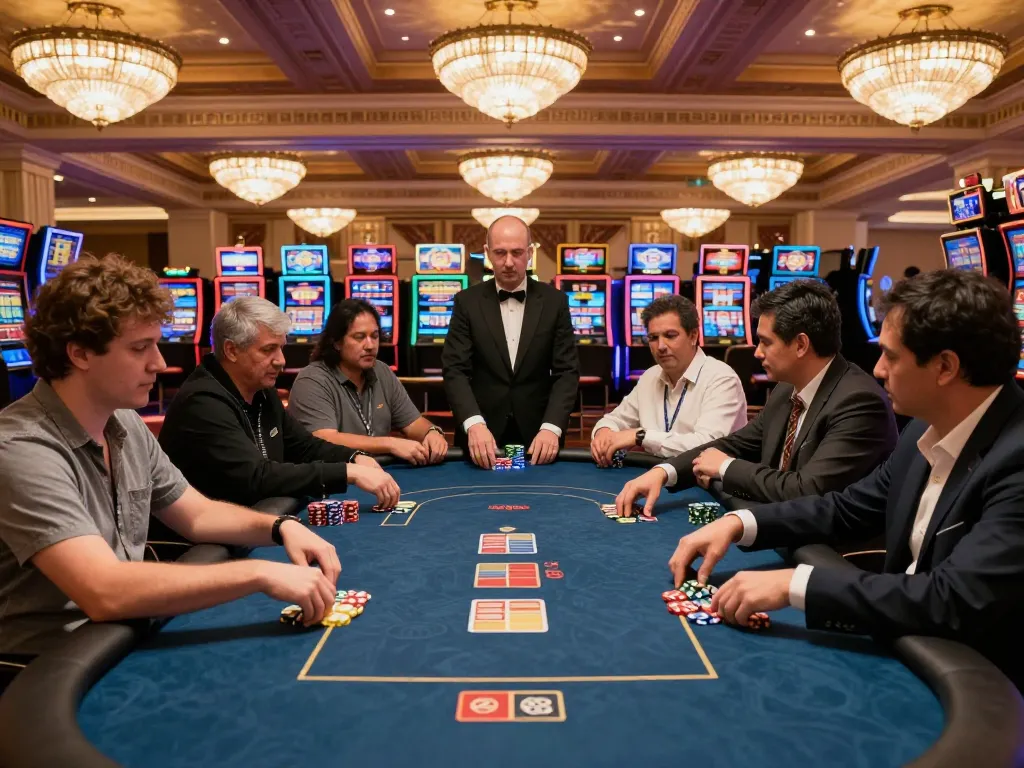 Players strategizing at a high-stakes poker table in a Vegas casino with mb666 ambiance lighting.