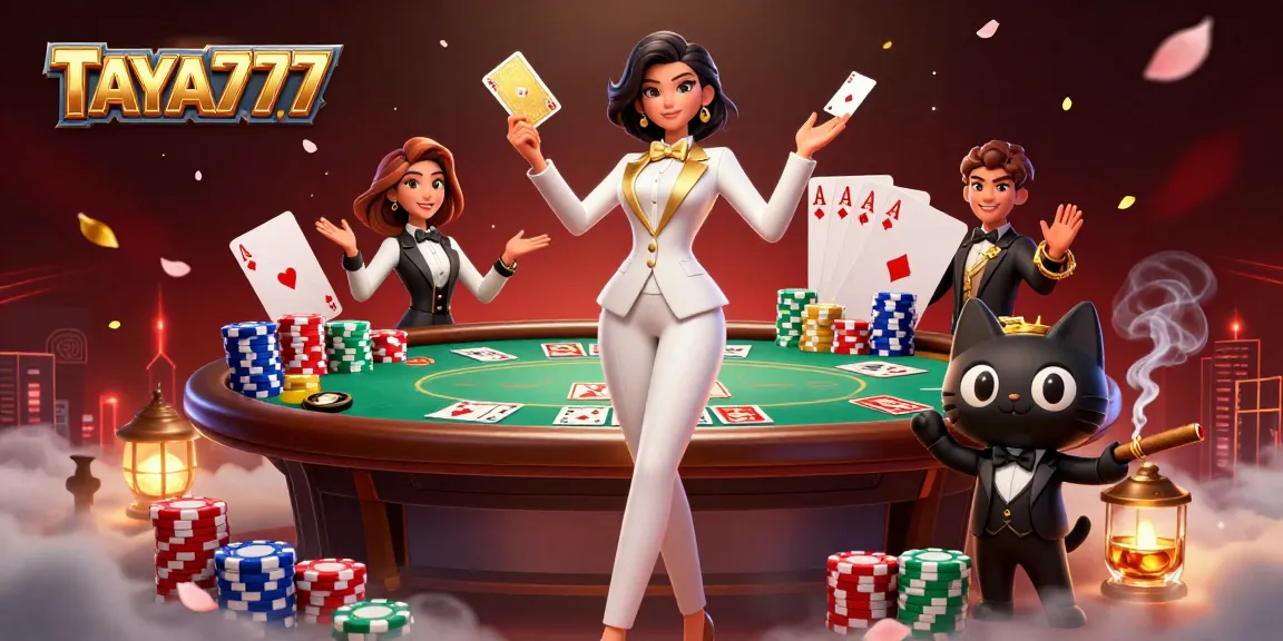 TAYA777's captivating illustration showcasing a glamorous dealer and her charming cat in a vibrant casino scene.